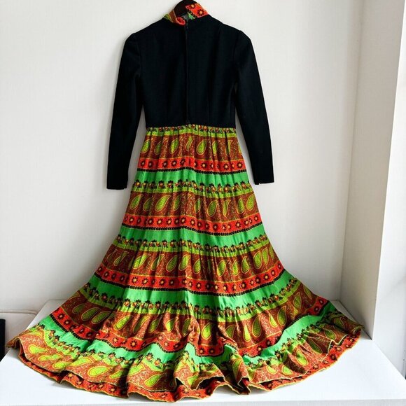 Vintage Neon Green Ornage Paisley Print Long  Sleeve Maxi Dress S - Picture 6 of 6